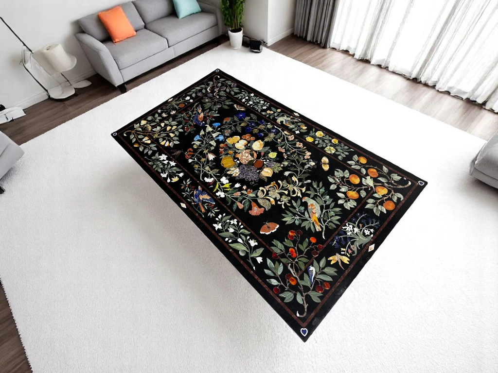 Floral Pietra Dura Black Marble Rectangle Dining Table Top Furniture